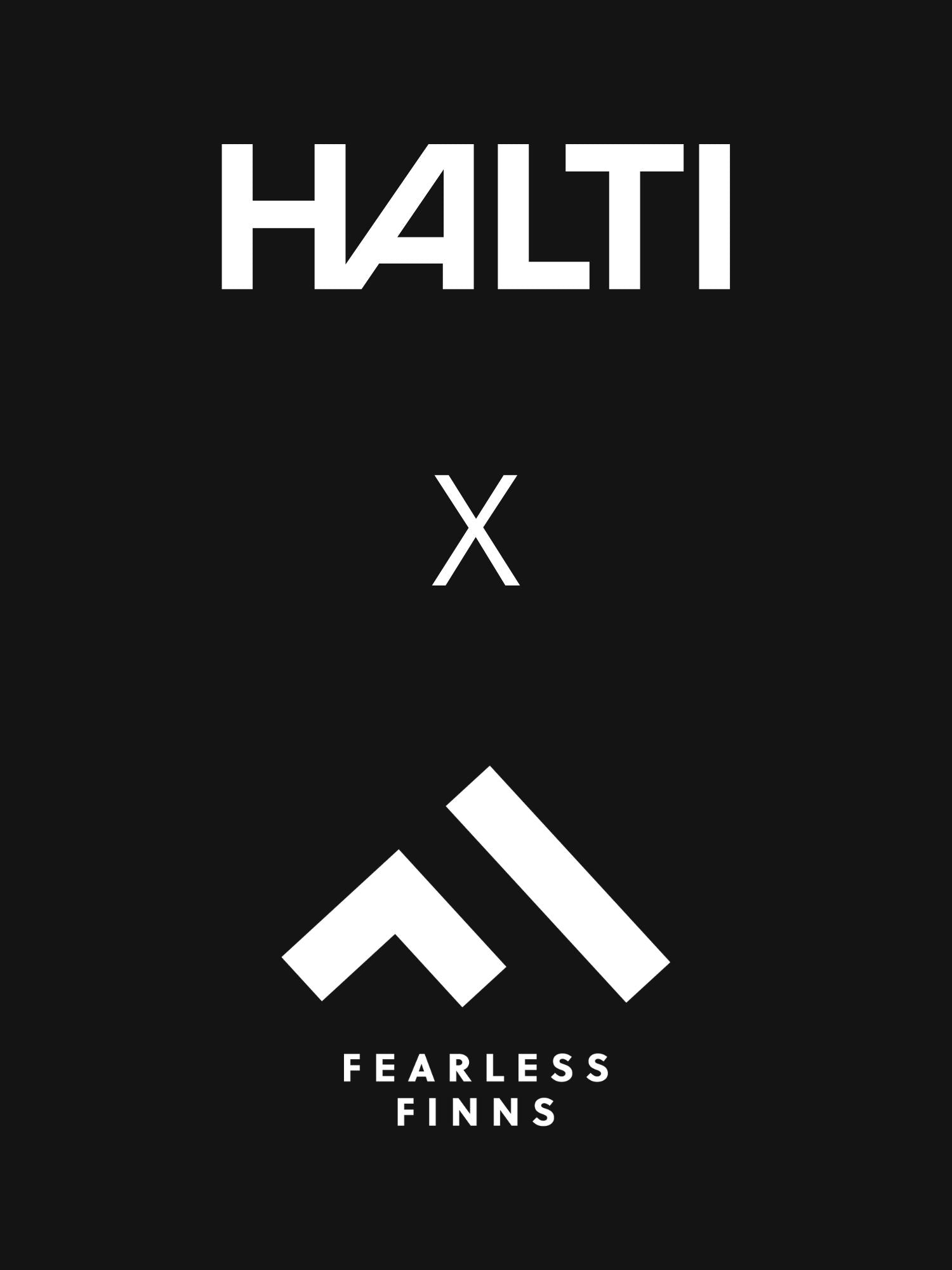 White text and logos on a black background. The word HALTI is at the top, a white X is in the center, and FEARLESS FINNS with a geometric logo is at the bottom.
