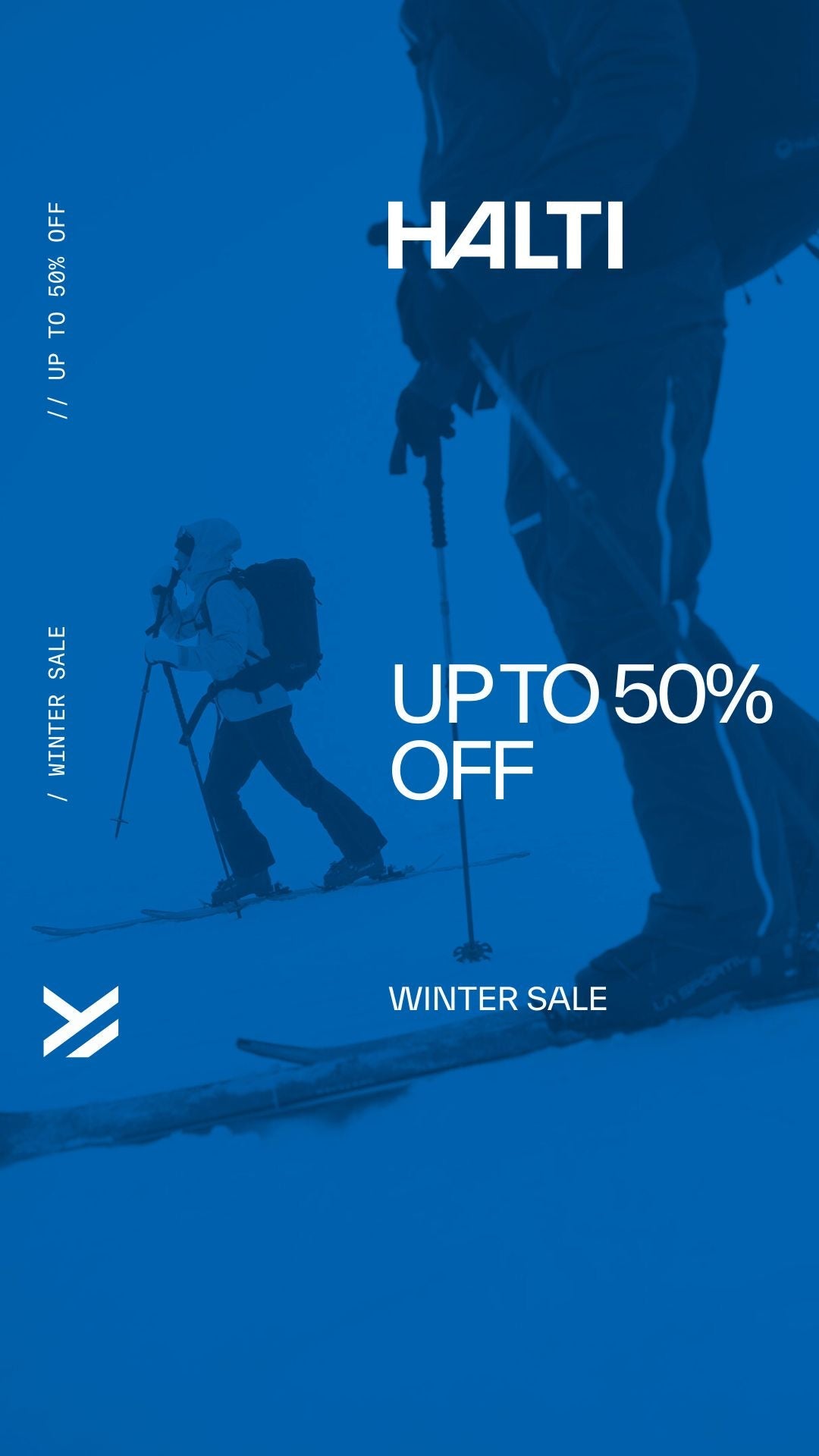 Two people wearing winter gear and backpacks ski uphill in snow. Overlaid text reads: HALTI, UP TO 50% OFF, WINTER SALE, and // UP TO 50% OFF // in a blue monochrome filter.