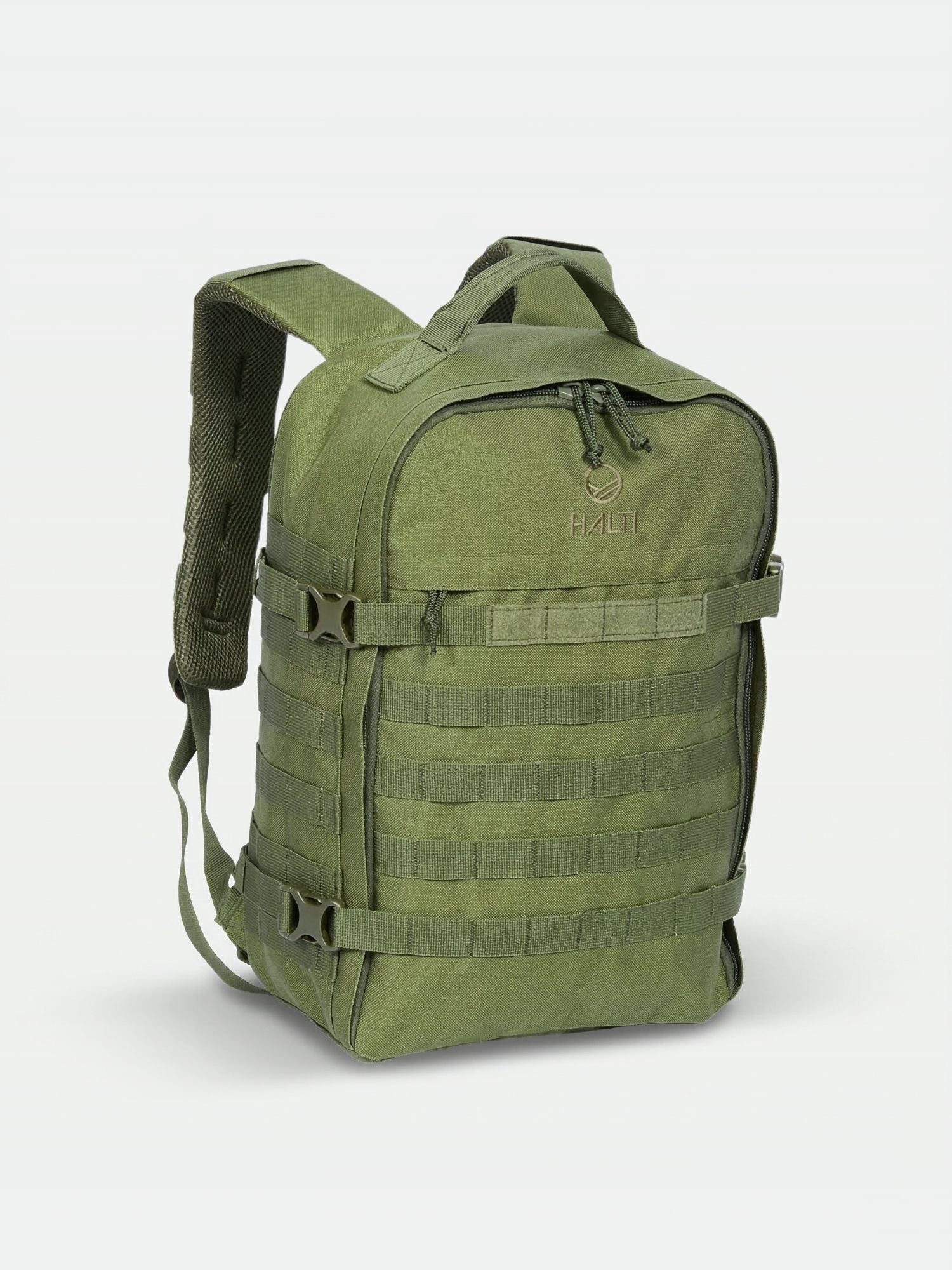 The Halti Sandstorm 1 Backpack is olive green with MOLLE, top handle, and padded straps—great for tactical day use.
