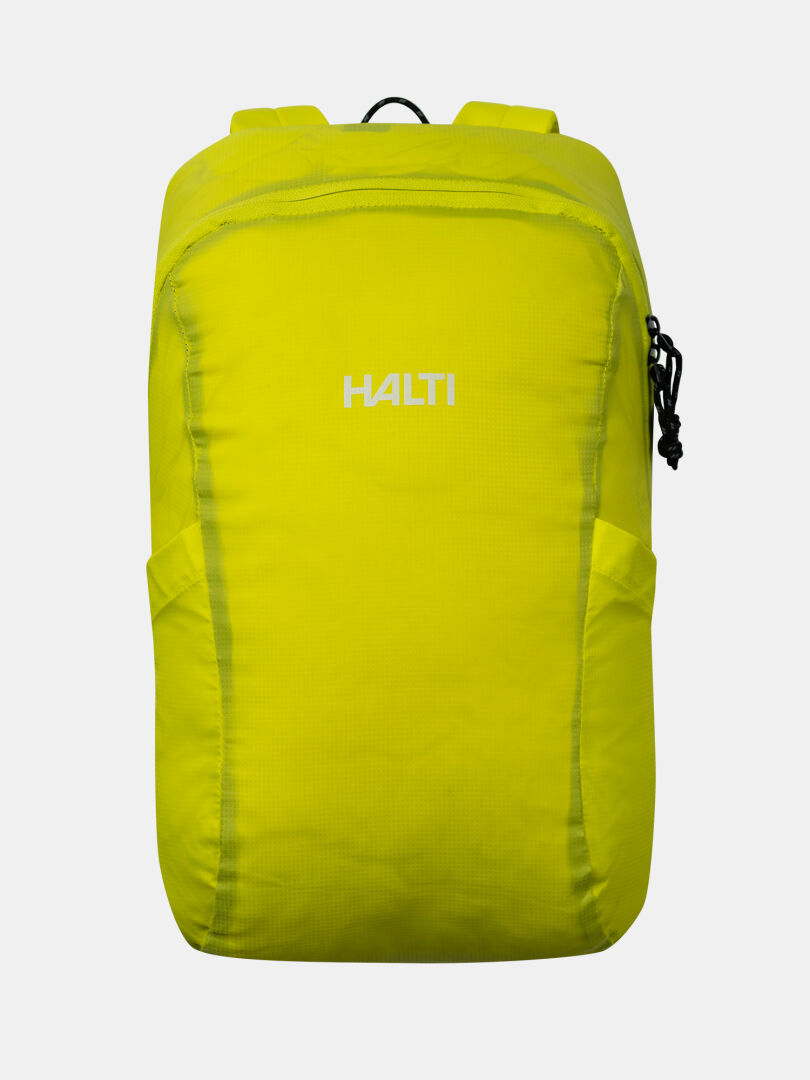 The Halti Streetpack Backpack is a bright yellow ultralight bag with a white logo, shown on a plain background.