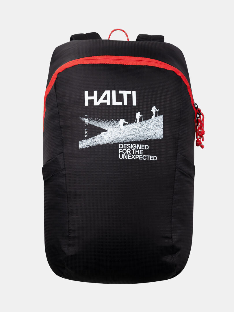 The Halti Streetpack Backpack is black recycled nylon with red accents, a white graphic, and “Designed for the Unexpected.”.
