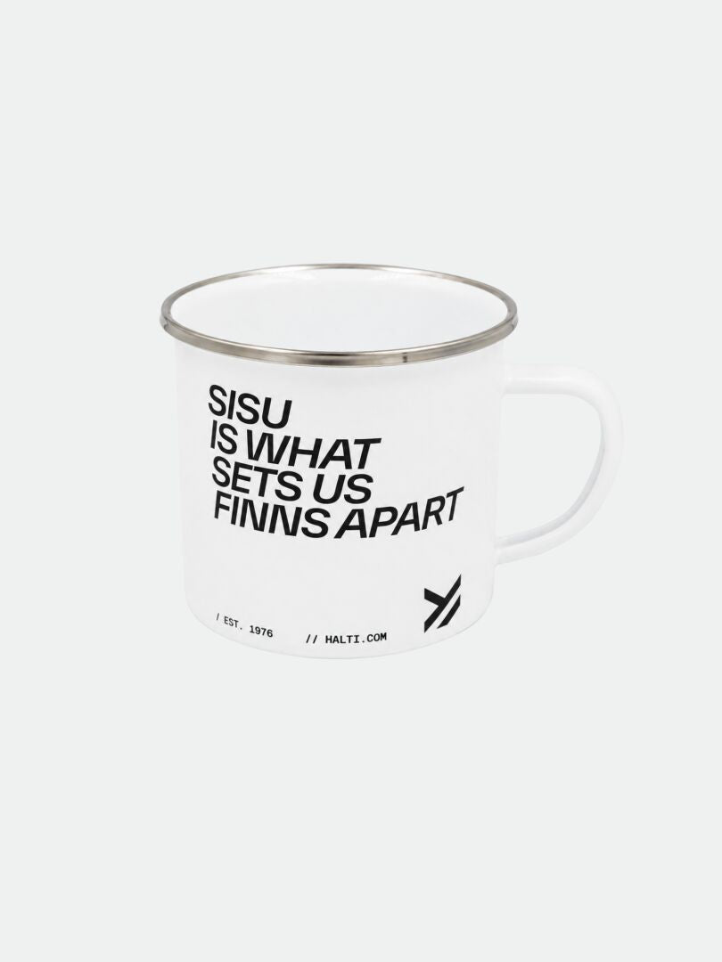 Halti Enamel Mug: White enamel with a silver rim and black text—Sisu is what sets us Finns apart.