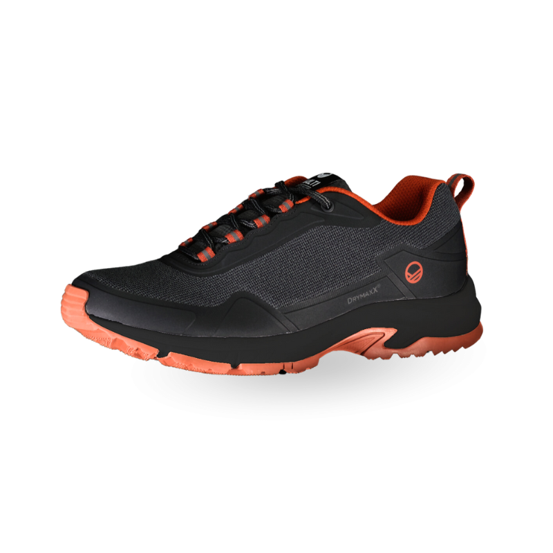 Halti Fara Low 2 Mens DX: black/orange outdoor shoes with GripmaxX Antislip and textured rubber sole.