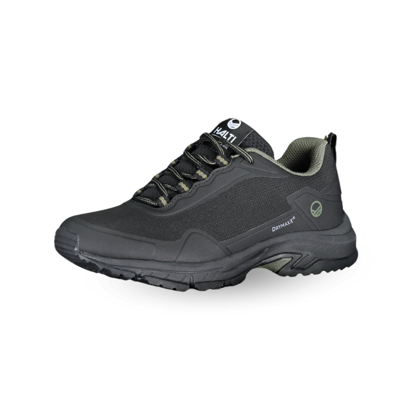 Halti Fara Low 2 Mens DX Outdoor Shoes: black/gray, green accents, DrymaxX tech, moisture-wicking lining.