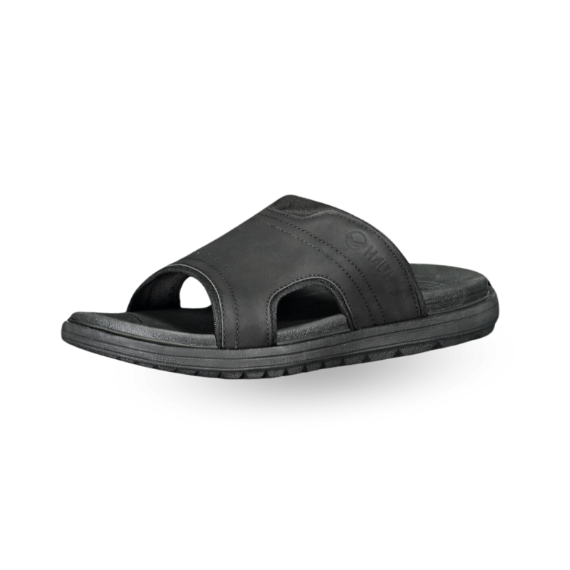 Halti Jorah Mens Sandals: black synthetic leather, cutout sides, open toe, and a shock-absorbing footbed.