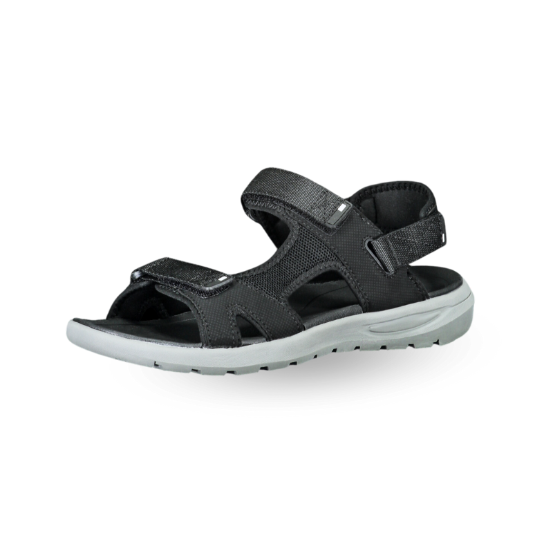 Halti Sandor Sandals in black and gray feature adjustable straps and a textured sole, shown on a white background.