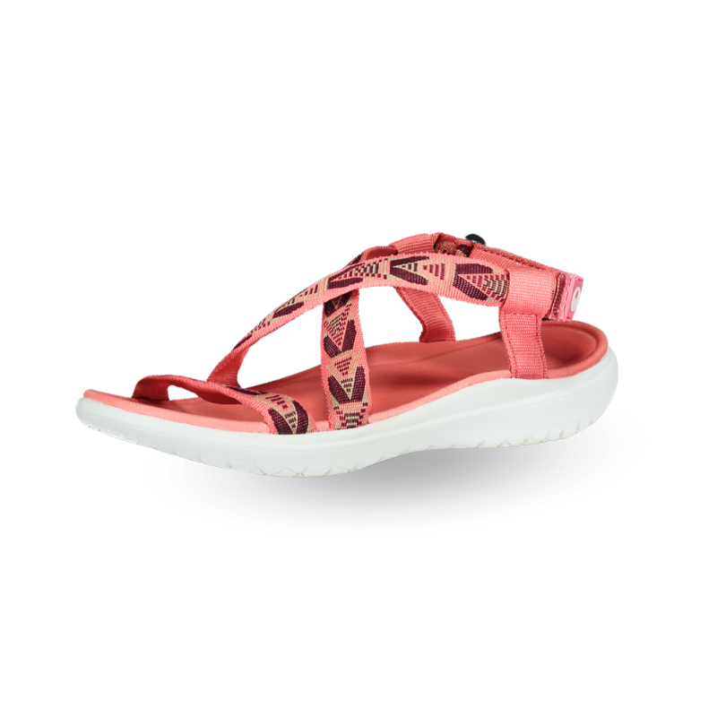The Halti Shae Womens Sandal features a textile upper, patterned pink straps, and a white sole.