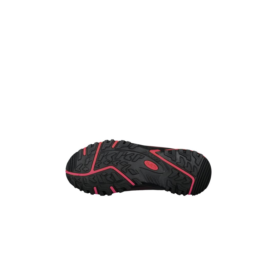 Halti Outdoor Sneaker Low DX Women's black sole with red accents, ideal for trails, shown bottom-up on white background.