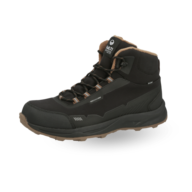 Halti Kenai Mid DrymaxX Mens Spike Shoe in black/brown with rugged sole and carbon steel spikes, on white background.