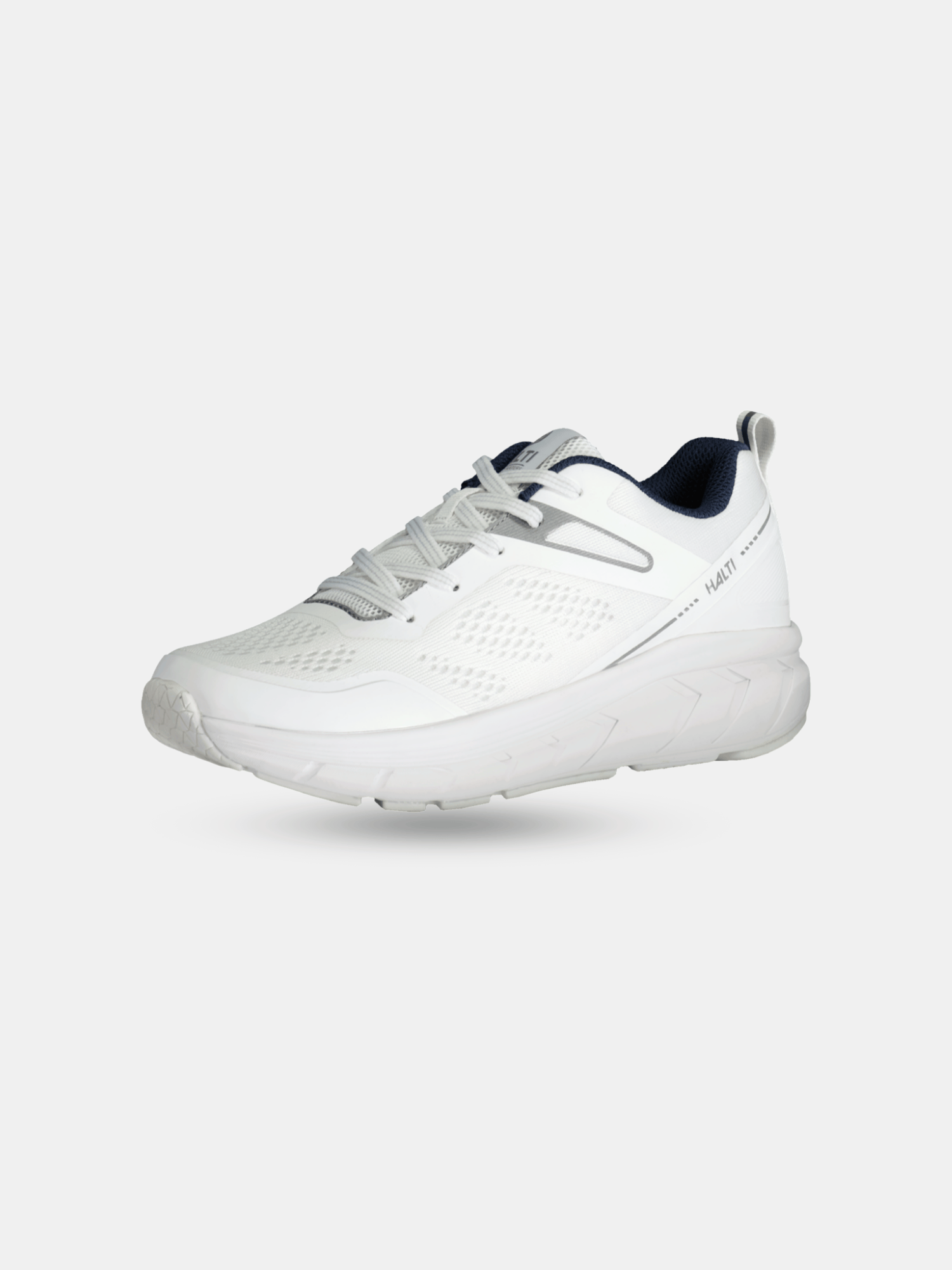 Halti Tempo 2 Mens Running Shoe features gray laces, mesh panels, and a moisture-wicking memory foam sole.