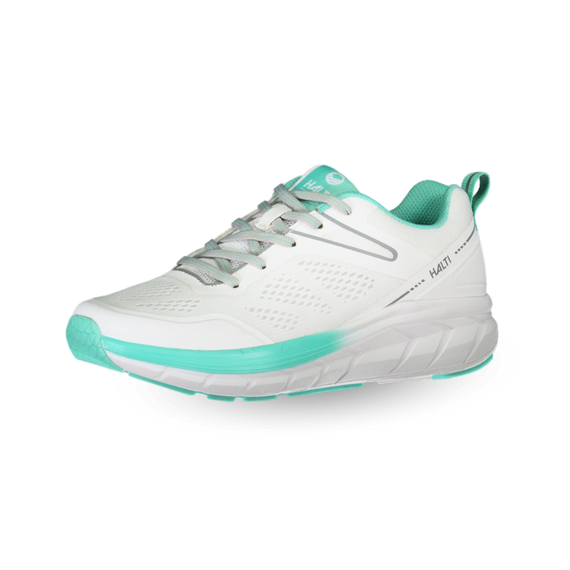 Halti Tempo 2 Women's Shoe: white & turquoise, lightweight, breathable textile upper, thick sole, lace-up.
