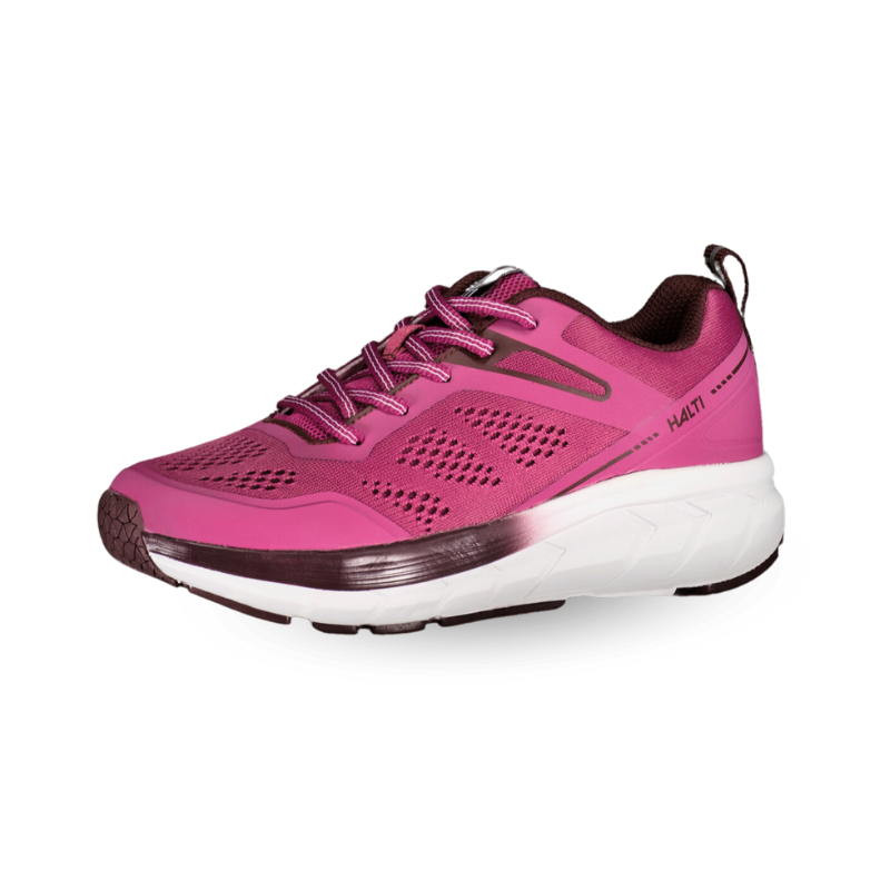 Halti Tempo 2 Womens Running Shoe: pink, white sole, mesh panels, laces, moisture-wicking memory foam insole.