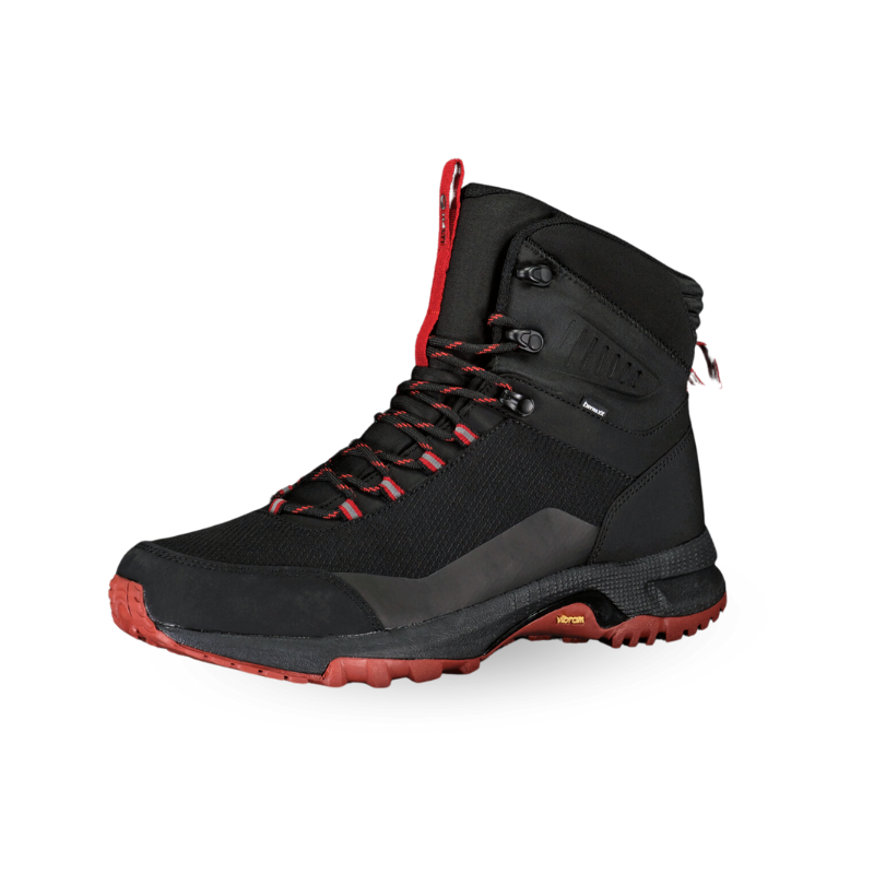 Halti Rorvik Mens Mid DrymaxX Trekking Shoe in black with red accents, Vibram Faster outsole, on white background.