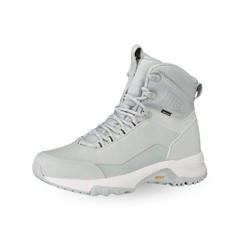 The Halti Rorvik Womens Mid DrymaxX Trekking Shoe in light gray features a Vibram outsole, shown on white background.