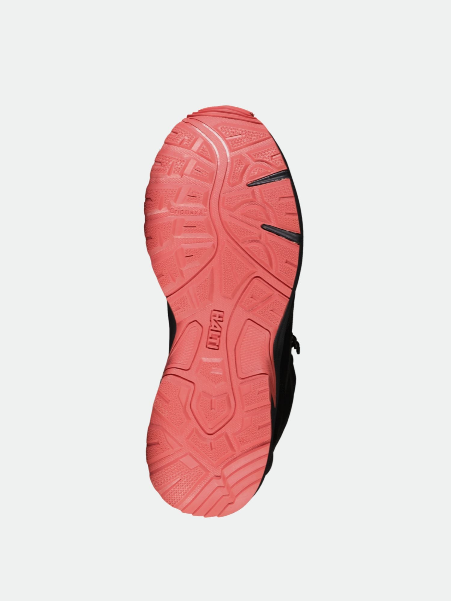 Bottom view of Halti Polaris Women's Mid 2 DrymaxX Outdoor Shoe, featuring a pink textured rubber outsole.