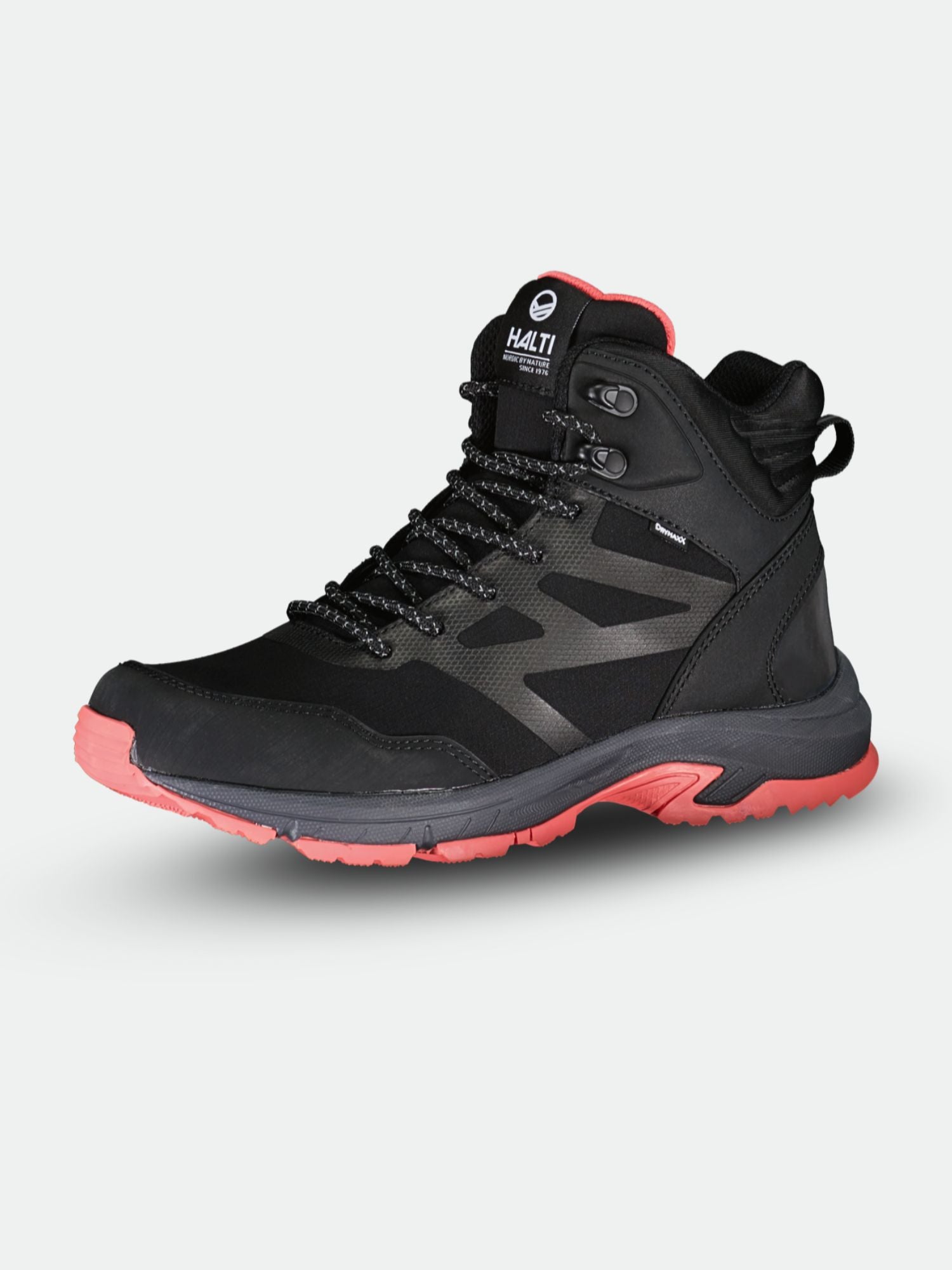 Halti Polaris Women's Mid 2 DrymaxX outdoor shoe in black/gray with red accents, shown on a white background.