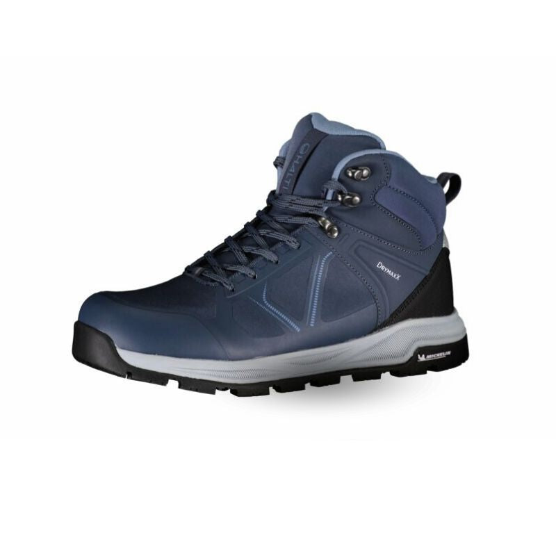 Halti Jura Womens Mid Outdoor Shoe in blue with black accents and recycled fabric upper, shown on white background.