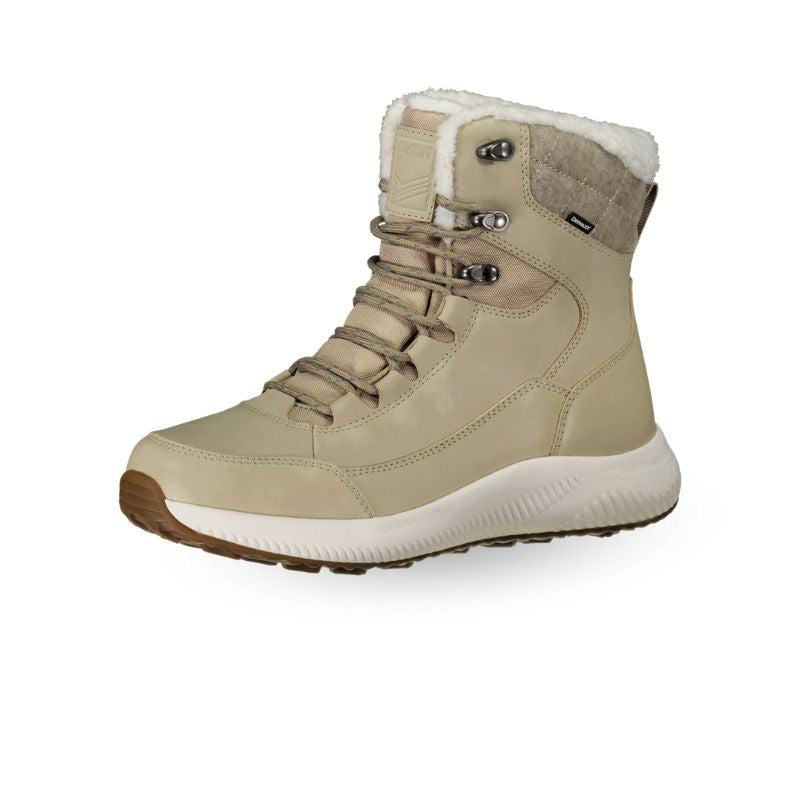The Halti Dundee Mid DrymaxX Winter Shoe Womens is beige, waterproof, with white faux fur lining and lightweight midsole.