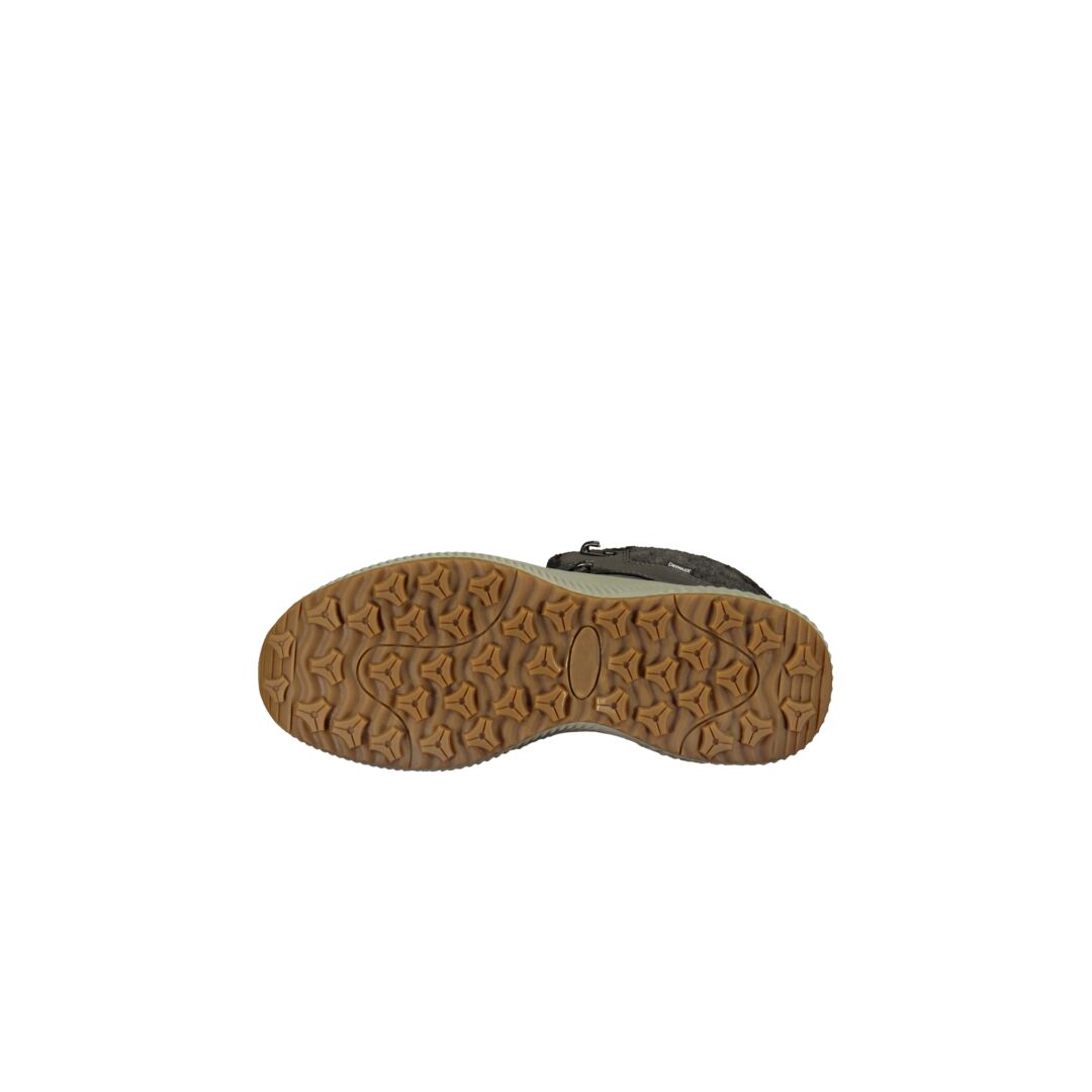Bottom view of Halti Dundee Mid DrymaxX Womens waterproof winter shoe with textured rubber sole on white background.