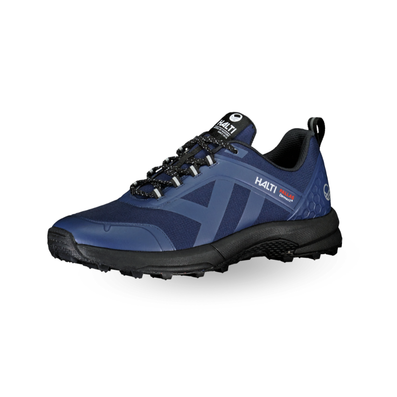 Halti Pallas Mens DrymaxX Sneaker, blue with black sole, black laces, heel pull loop, side view.