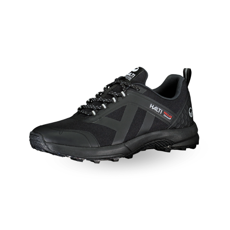 Halti Pallas Mens DrymaxX Sneaker: black trail shoe with textured sole, lace-up front, and branding on side and tongue.