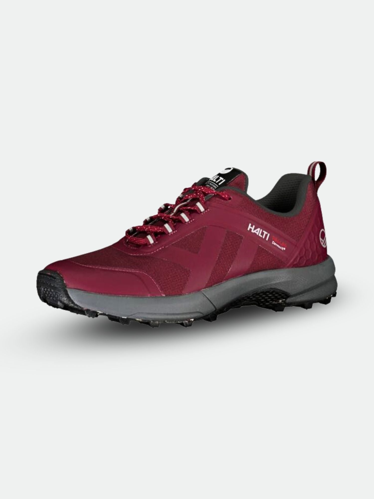 Halti Pallas Women's DrymaxX sneaker—maroon, black sole, lace-up, waterproof membrane.