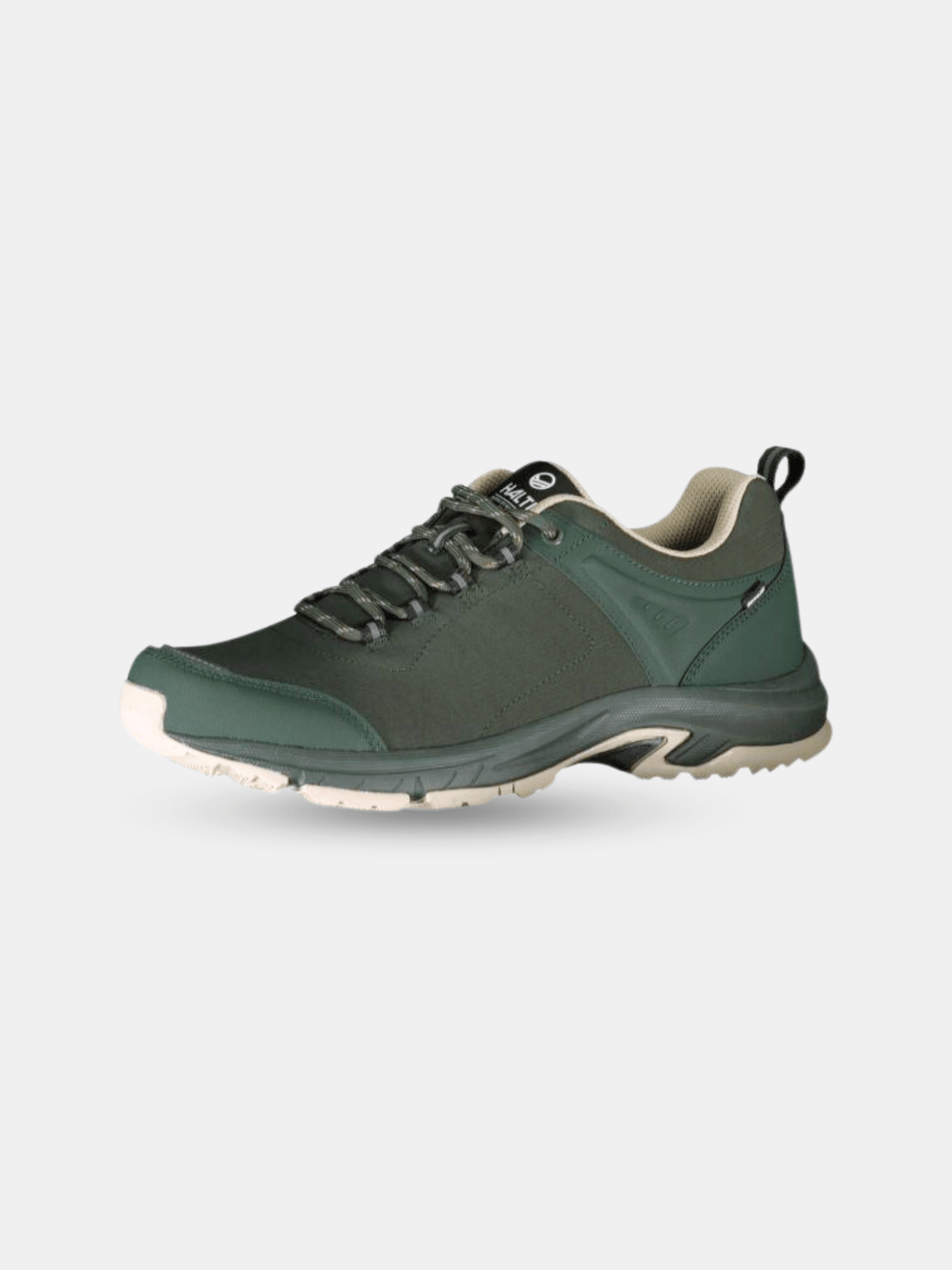 The Halti Outdoor Shoes Low DX Men's, green/white, feature laces, GripmaxX Antislip sole, and pull tab.