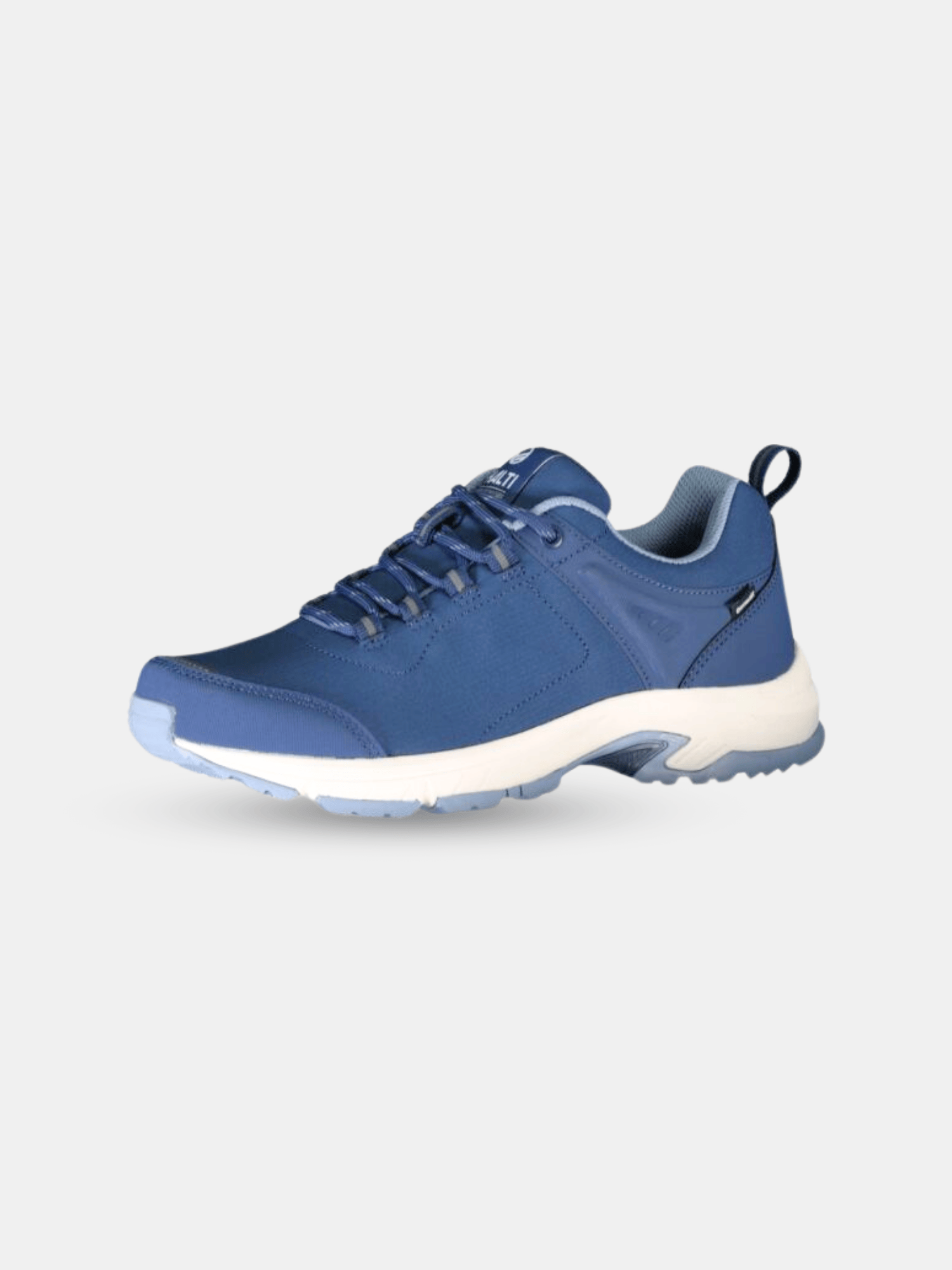 Halti Outdoor Shoes Low DX Women's in blue with GripmaxX Antislip sole, light blue accents, on a light gray background.
