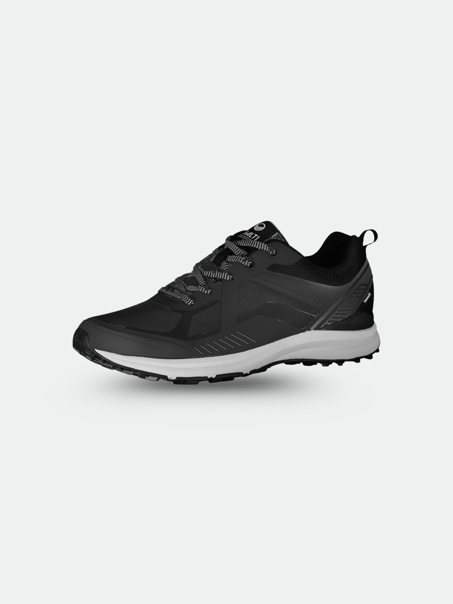 The Halti Gems 2 Mens DrymaxX Sneaker is black with a recycled textile upper and white sole with textured tread.