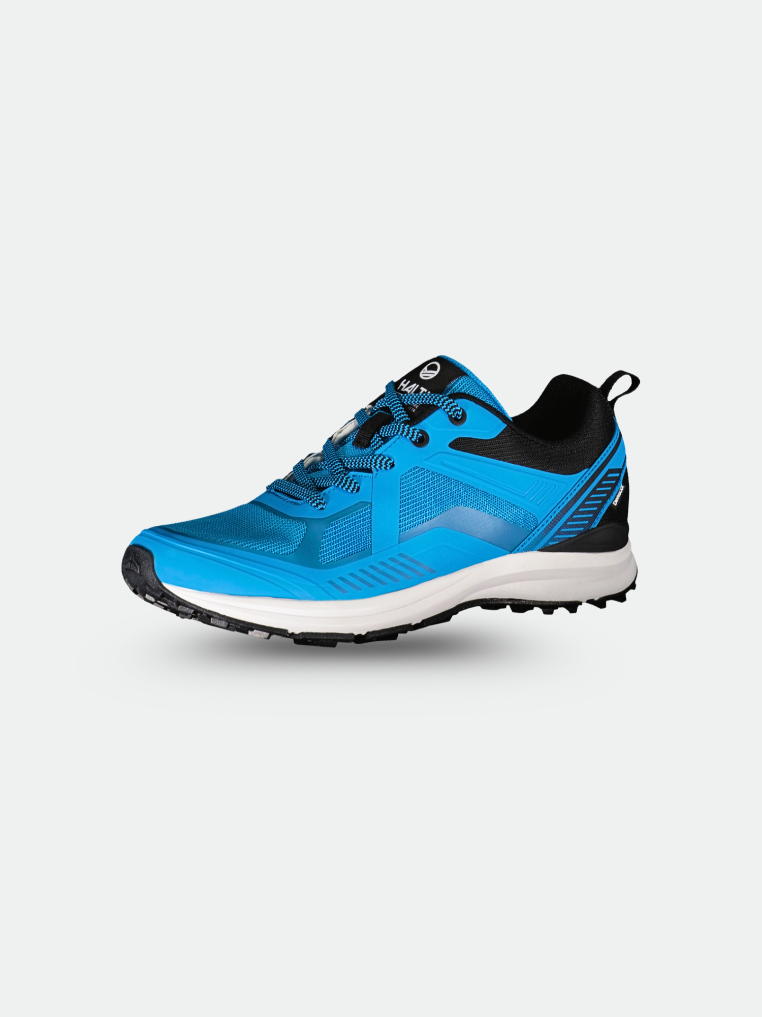 The Halti Gems 2 Womens DrymaxX Sneaker, in blue and black recycled textile, is waterproof and shown on a plain background.