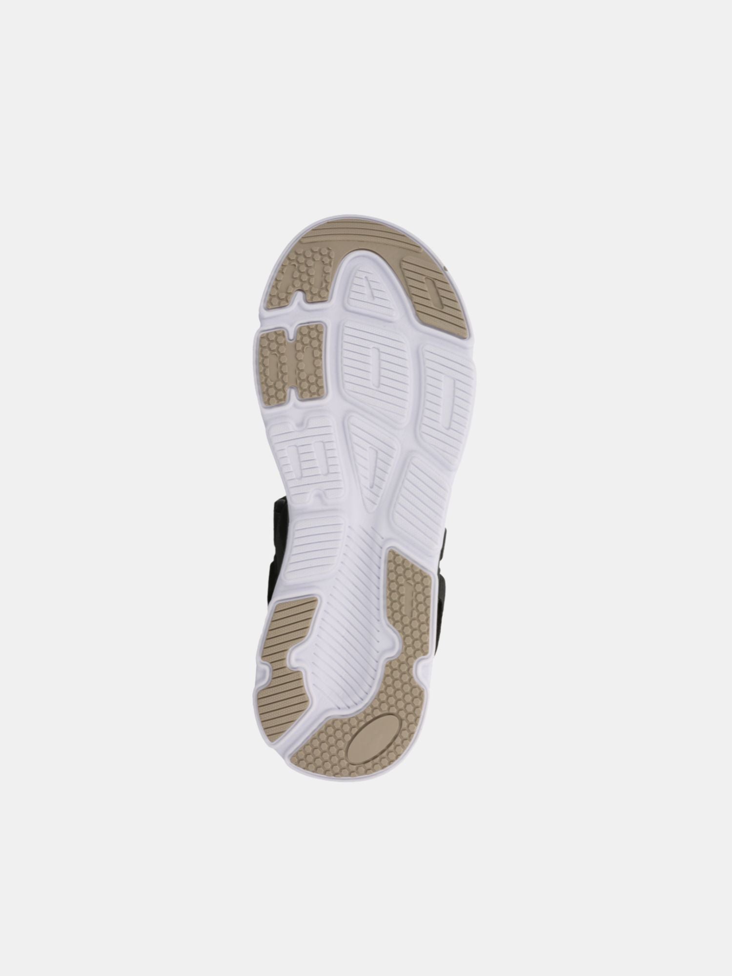 The Halti Pursuit Sandal’s bottom view reveals a white cushioned sole with beige textured rubber on heel and toe.