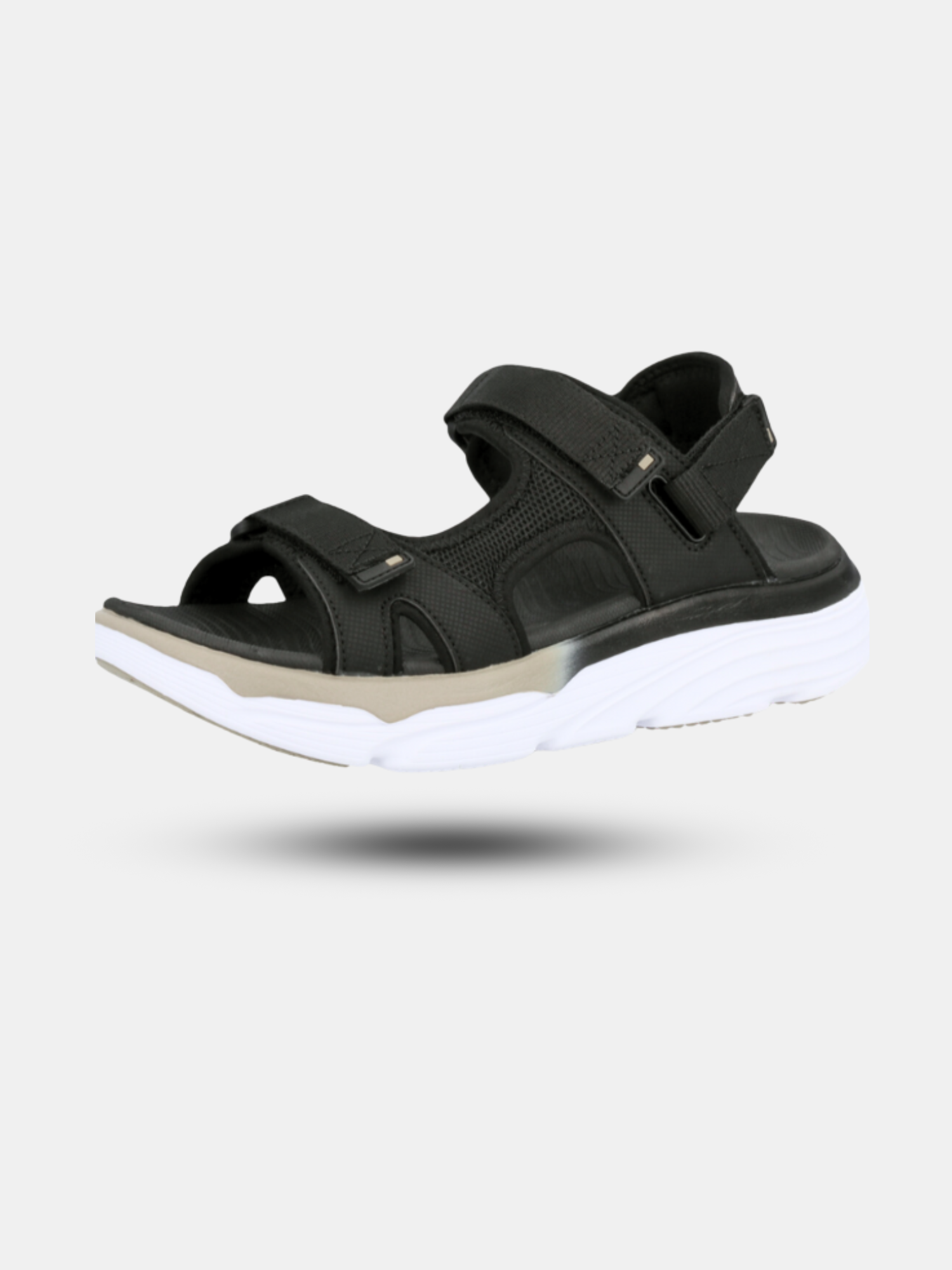 The Halti Pursuit Sandal is black with Velcro straps and a thick white sole, shown on a light gray background.