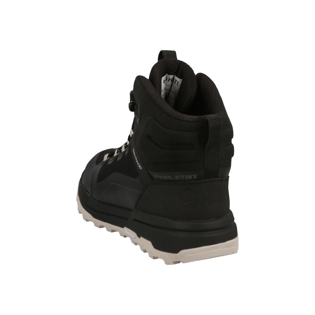 Halti Hiker Kuru DrymaxX mens outdoor shoe in black/gray, seen from back right, with treaded sole and padded heel.