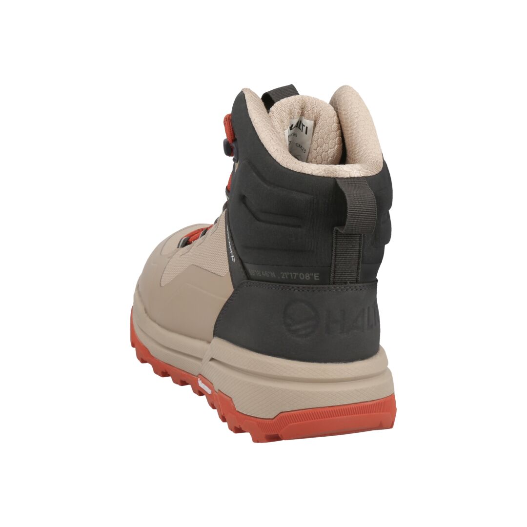 A beige and black Halti Hiker Kuru DrymaxX womens outdoor shoe with red accents, shown from the back on white.