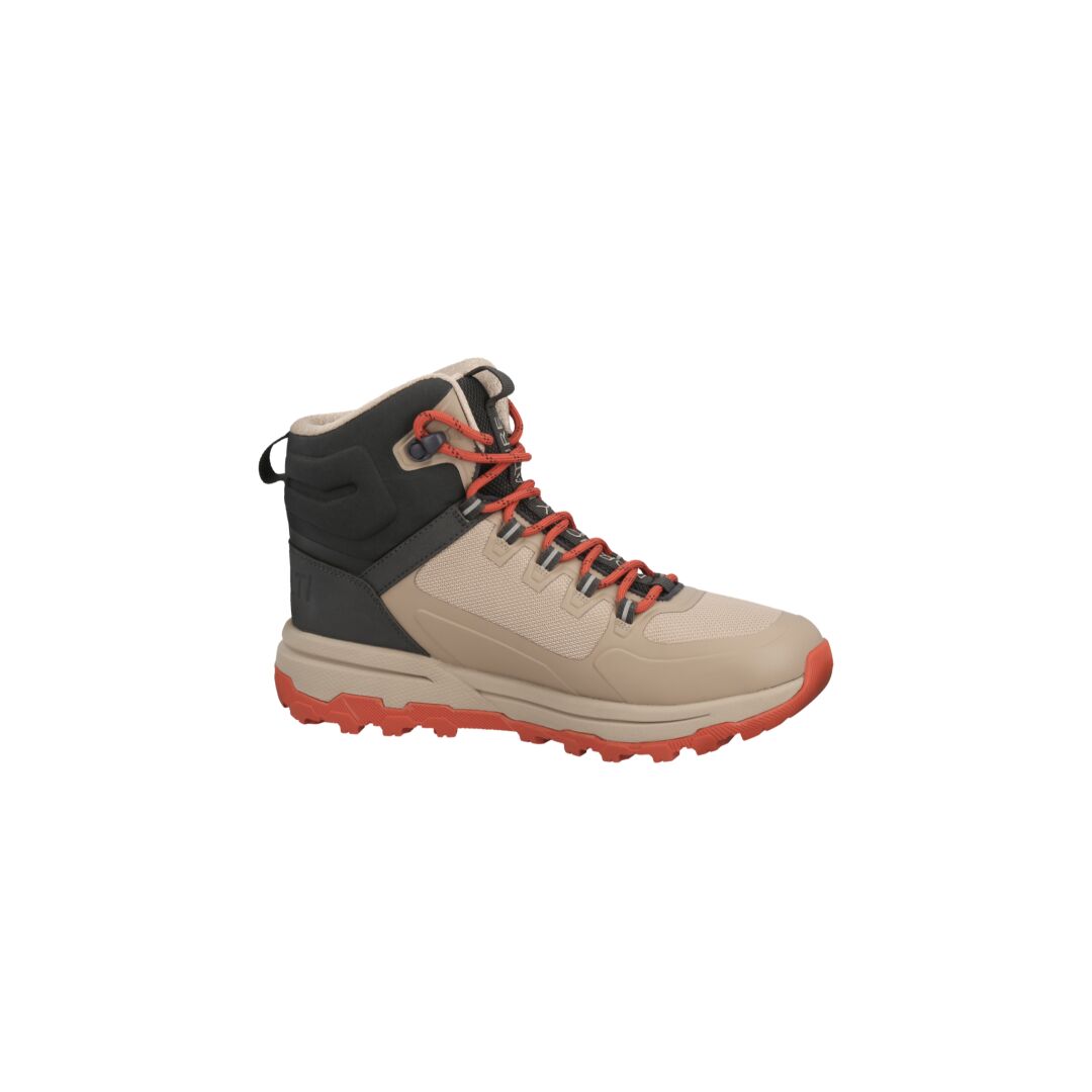 Tan and black Halti Hiker Kuru DrymaxX Outdoor Shoe Womens with red laces and sole, side view on white background.