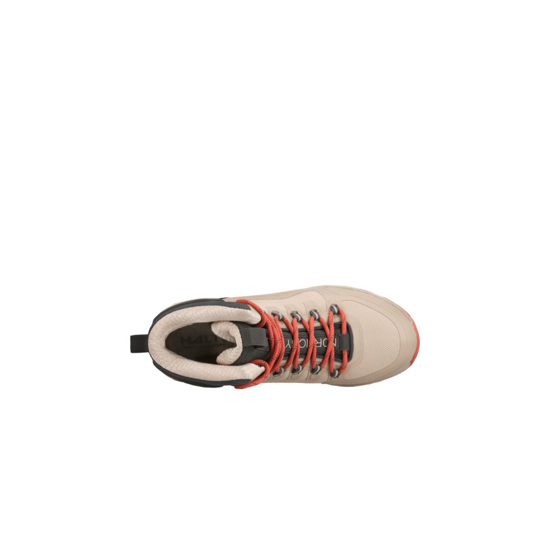 Top view of a beige Halti Hiker Kuru DrymaxX Outdoor Shoe Womens with black and orange accents, on white background.
