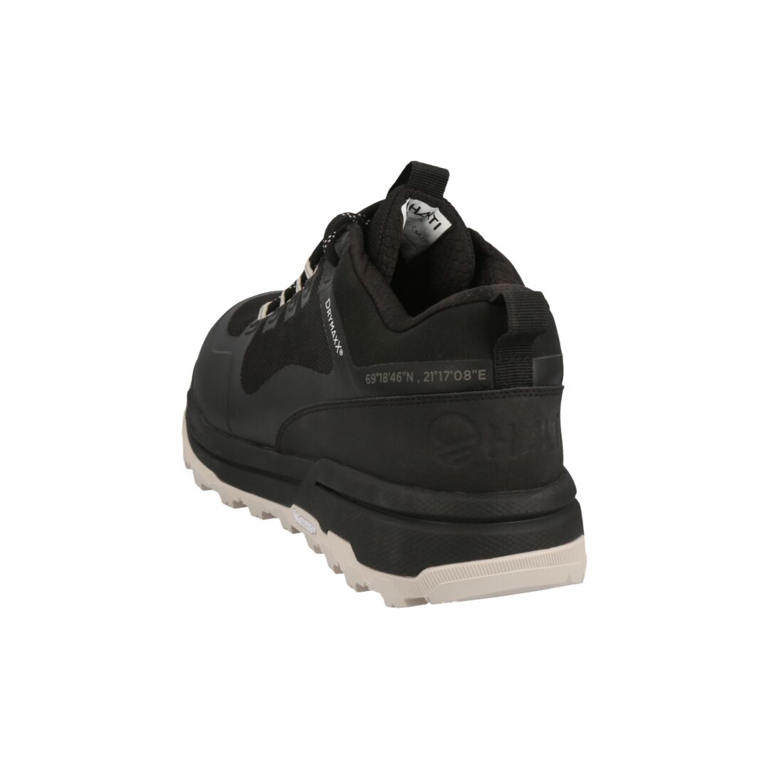 Halti Hiker Kuru Low DrymaxX men’s shoe, black/white, shown from back with Michelin rubber outsole and visible laces.