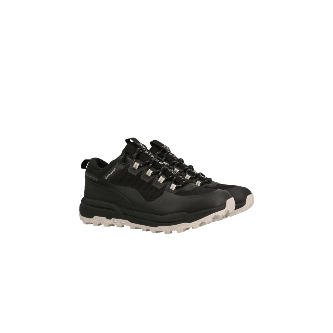 Halti Hiker Kuru Low DrymaxX mens hiking shoes in black/white with Michelin rubber outsole, on white background.