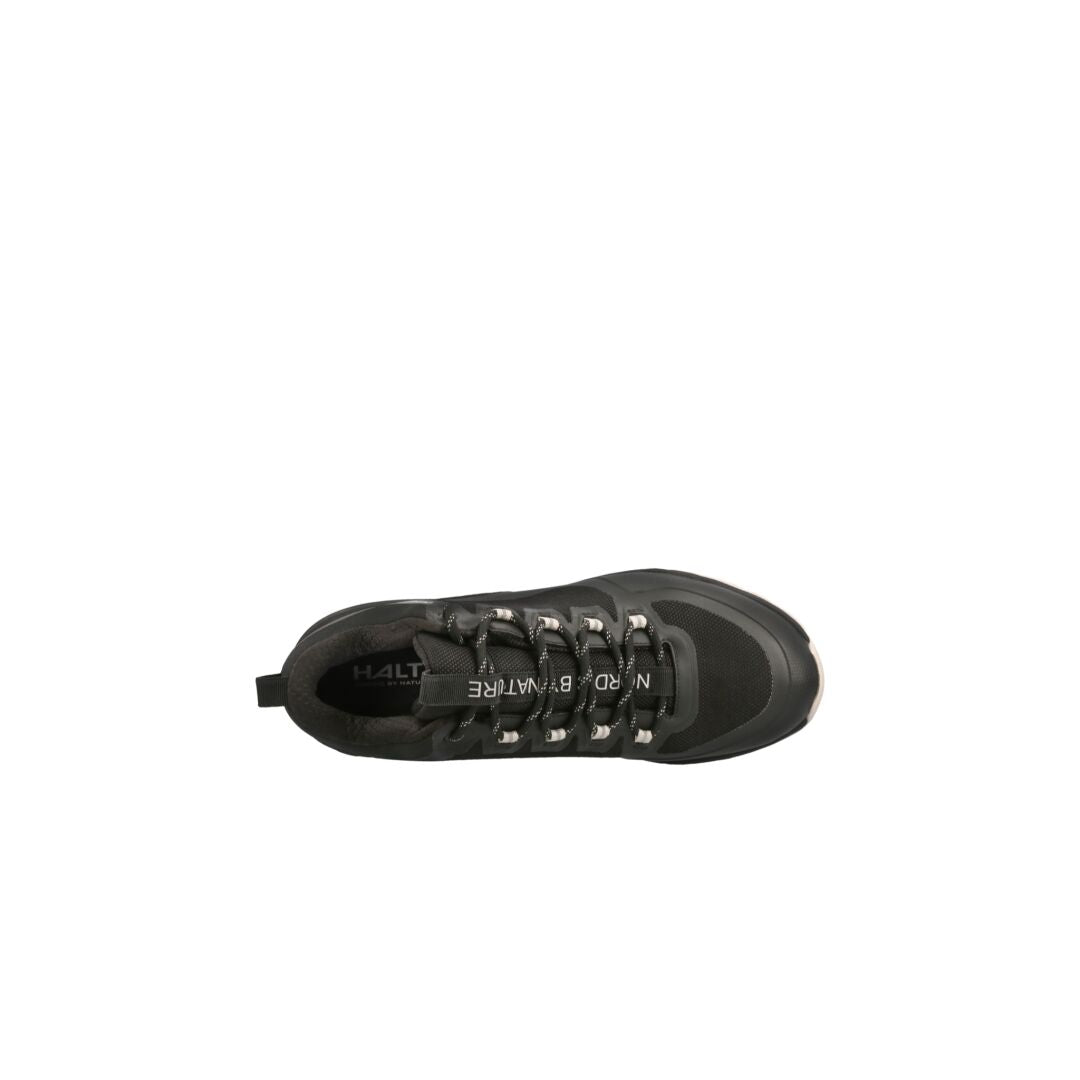 Halti Hiker Kuru Low DrymaxX Mens black outdoor shoe with silver eyelets, black laces, Michelin rubber outsole, top view.
