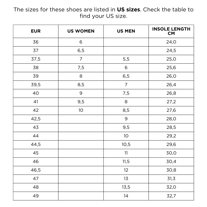 Halti Hiker Askel Low Outdoor Shoe Women’s size chart: EUR, US sizes & insole length in a handy table.