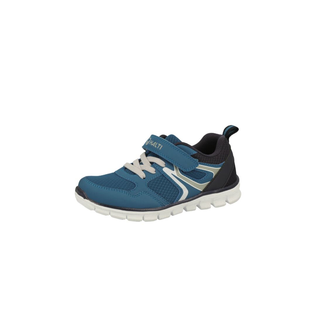 The Halti Galahad Sneaker Childrens is a blue summer shoe with velcro, white laces/sole, and black-grey heel accents.
