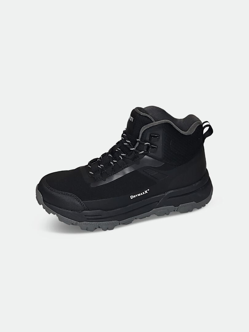 Halti Fara 3 DX Mid mens black hiking shoe with textured sole and laces, side view on white background.