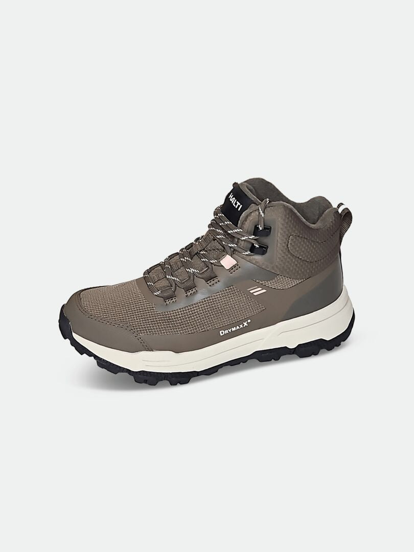 A Halti Fara 3 DX Mid Outdoor Shoe for women in brown with mesh and laces, displayed on a plain white background.
