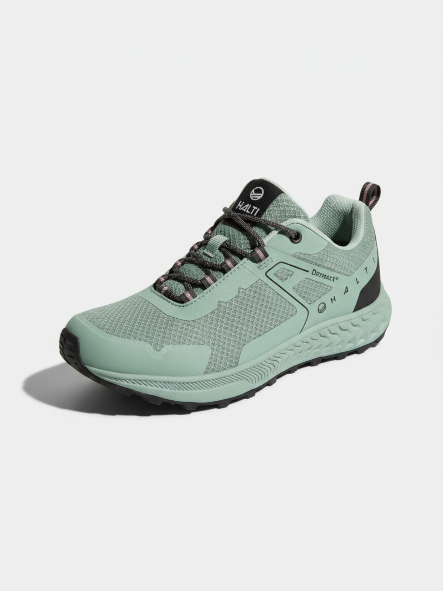 Halti Pallas Low 2 DrymaxX Hybrid Sneaker Men's in light green mesh with black-gray accents, textured sole, on white background.
