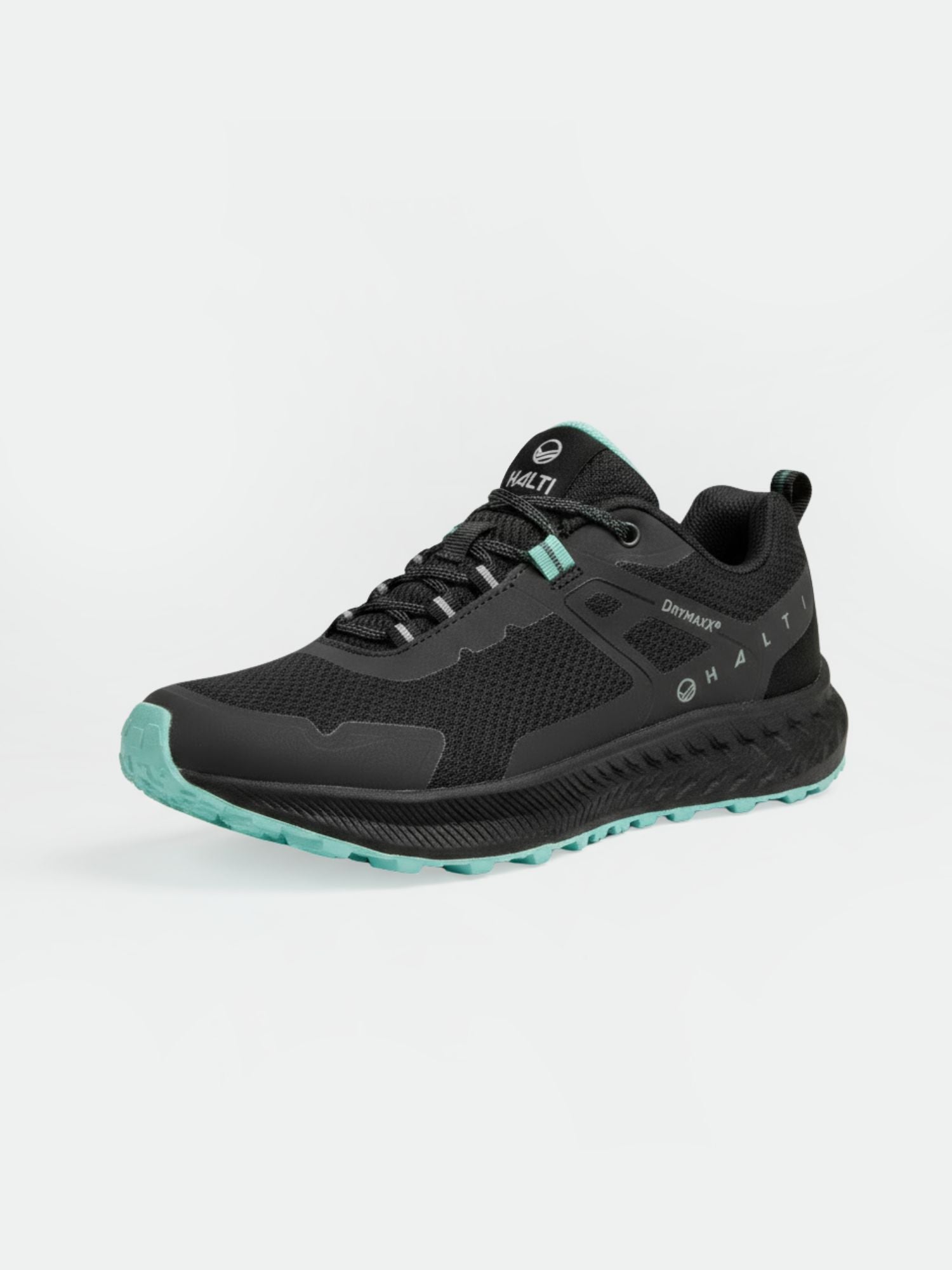 Halti Pallas Low 2 DrymaxX Hybrid Sneaker Women’s: black, teal Michelin off-road sole, recycled mesh, laces, branding.