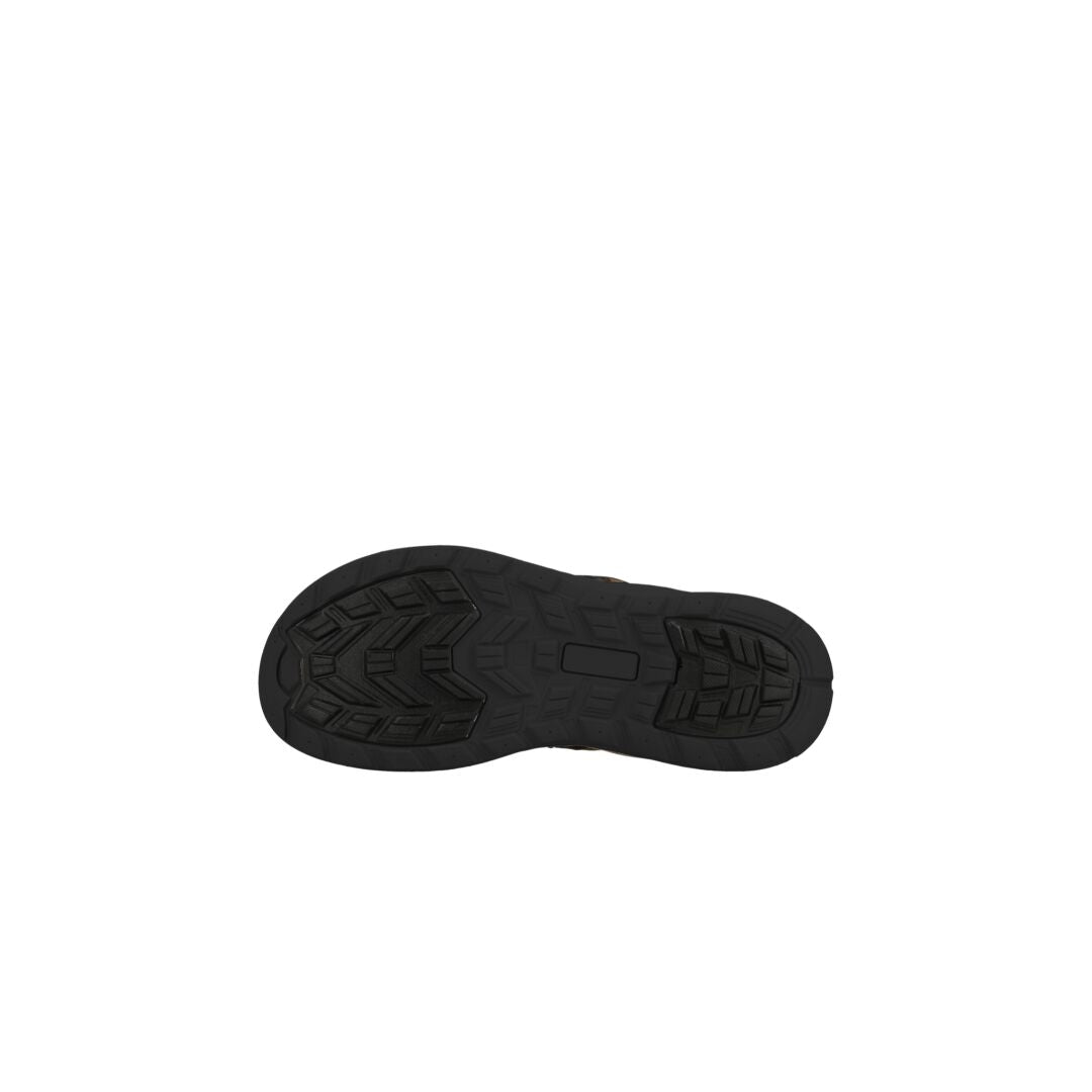 The Halti Sora Sandal features a black sole with a patterned tread and ergonomic footbed, shown from the bottom.
