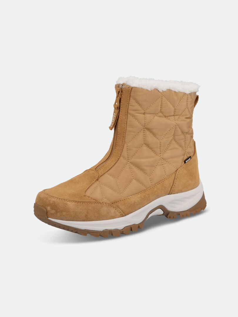 Halti Sletta Zip DX women's winter shoe with quilted upper, zip front, white sole, and fleece lining.
