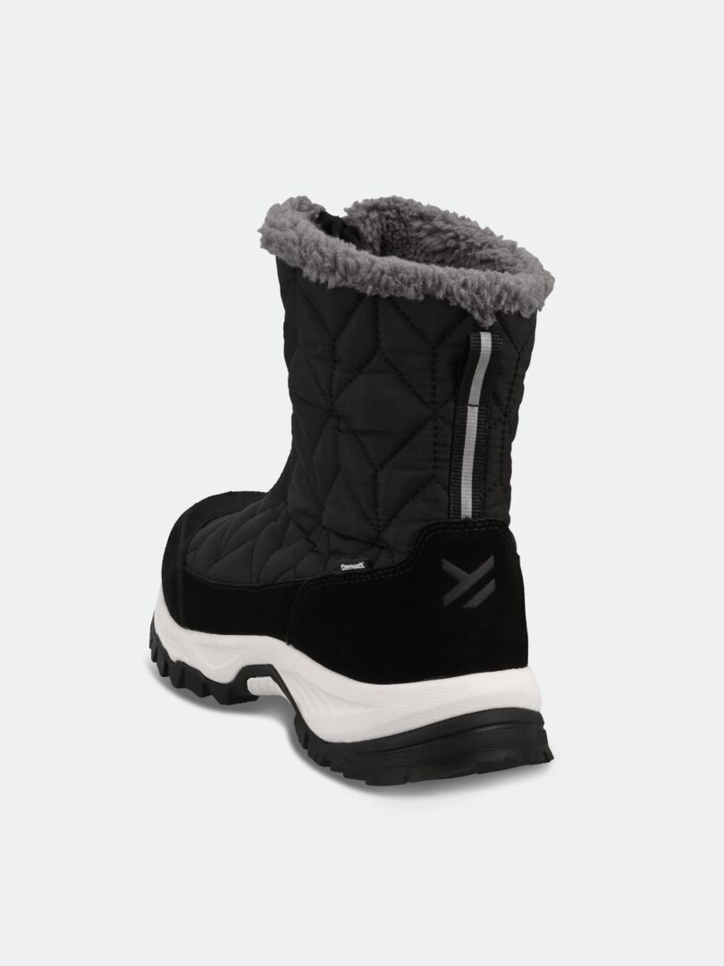 Halti Sletta Zip DX Women's winter shoe in black with quilted stitching, gray faux fur lining, and a two-tone sole, rear view.