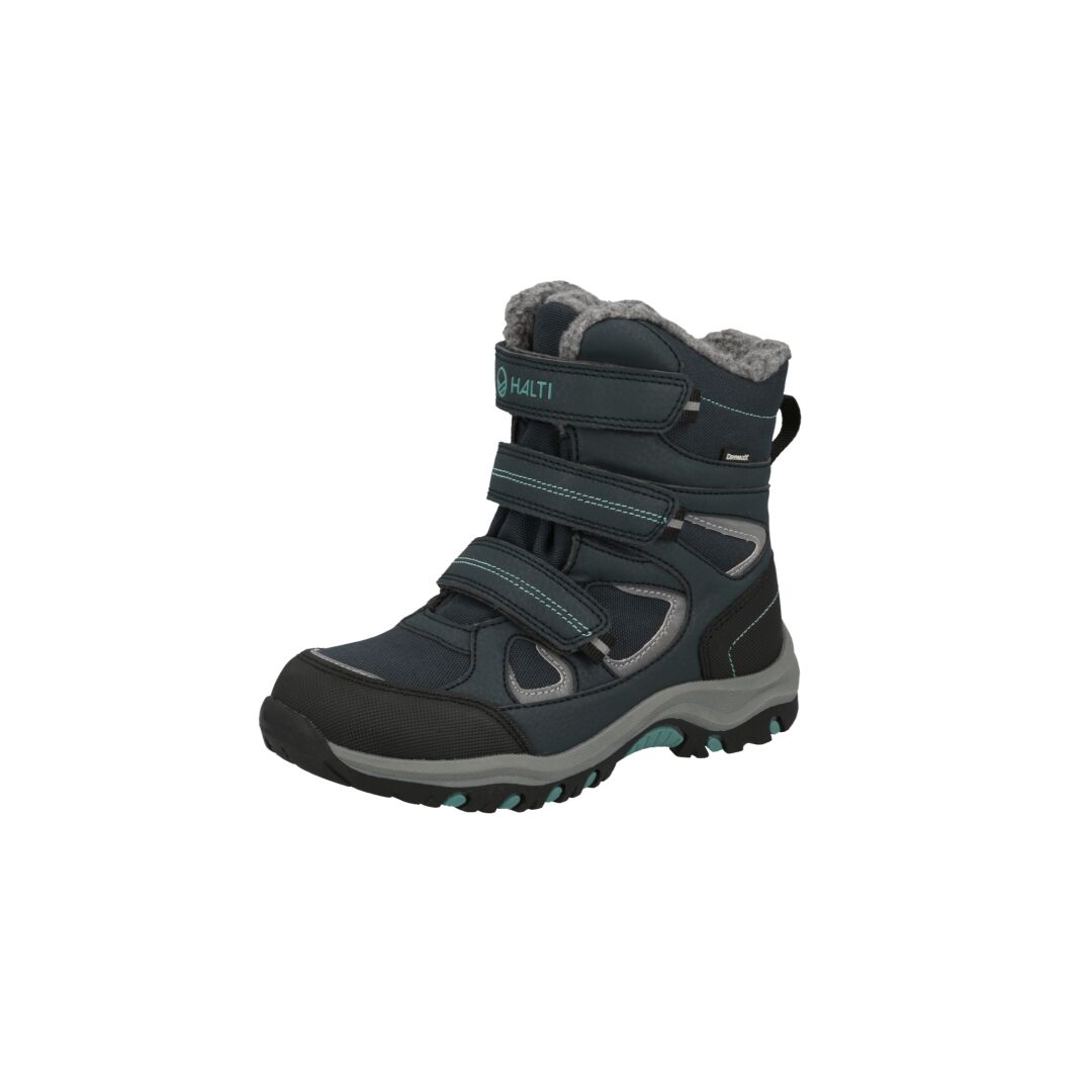 Halti Reiss 2 Childrens DrymaxX Boots: dark blue, waterproof, velcro, gray fleece lining, rugged black/teal sole.