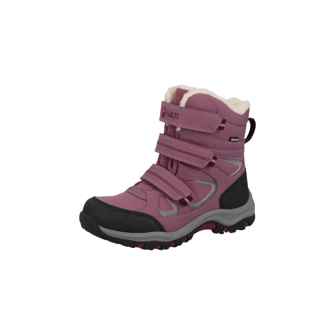 Halti Reiss 2 Childrens DrymaxX Boots: pink, waterproof, velcro fasten, black sole, grey details, light inner lining.